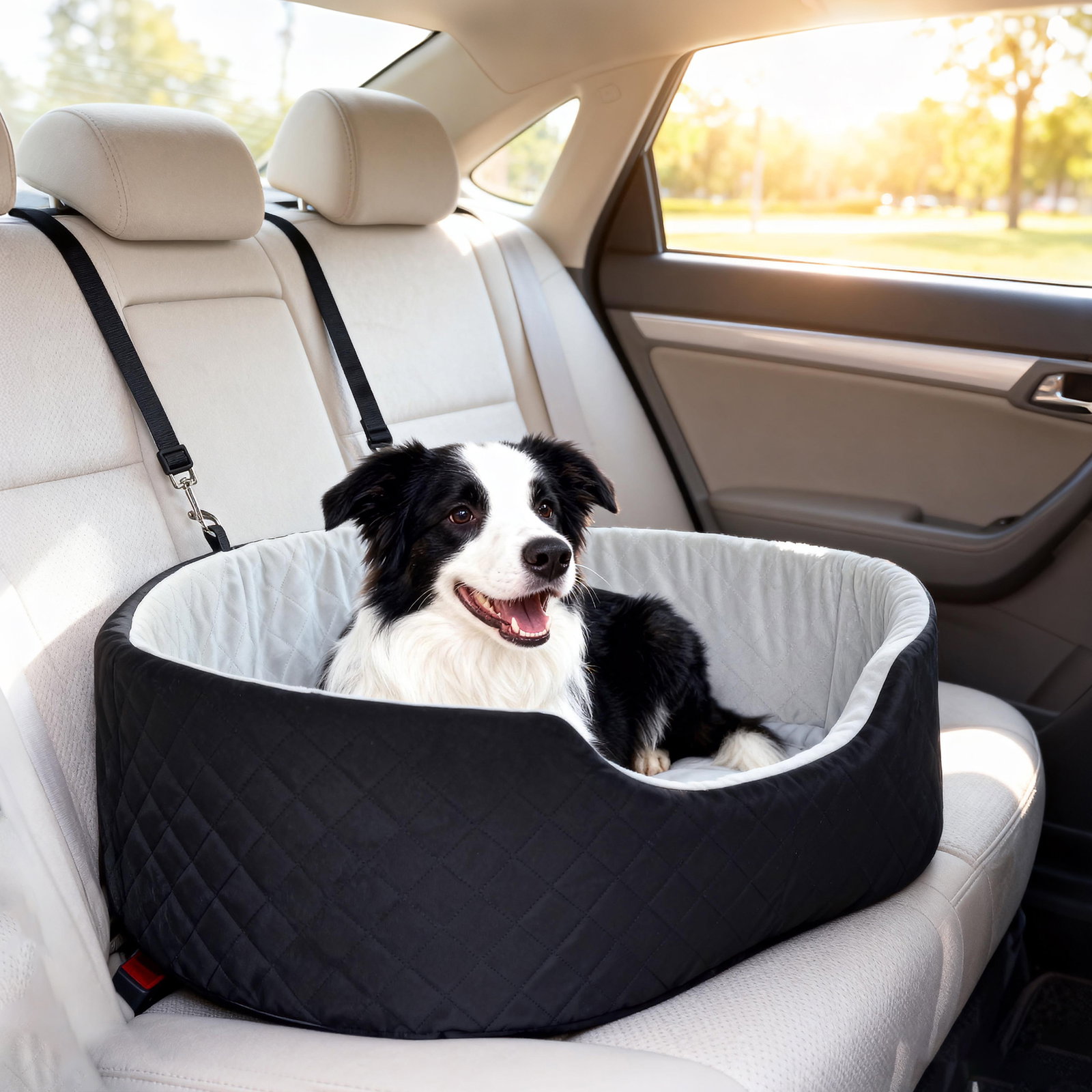 Assento de carro para cães pequenos e médios até 15 kg com capa removível e lavável cinto de segurança e base antiderrapante 77x43x28 cm preto
