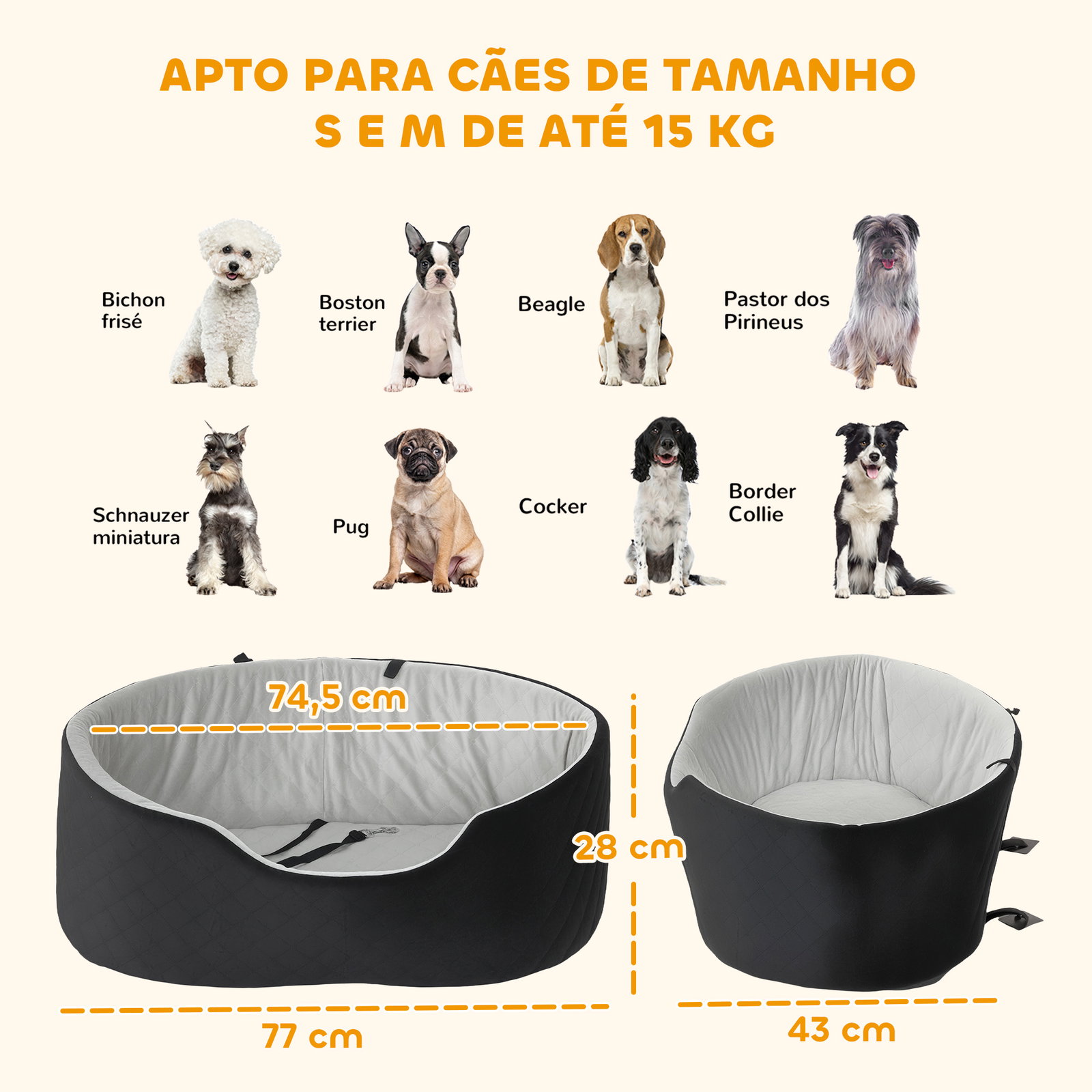 Assento de carro para cães pequenos e médios até 15 kg com capa removível e lavável cinto de segurança e base antiderrapante 77x43x28 cm preto