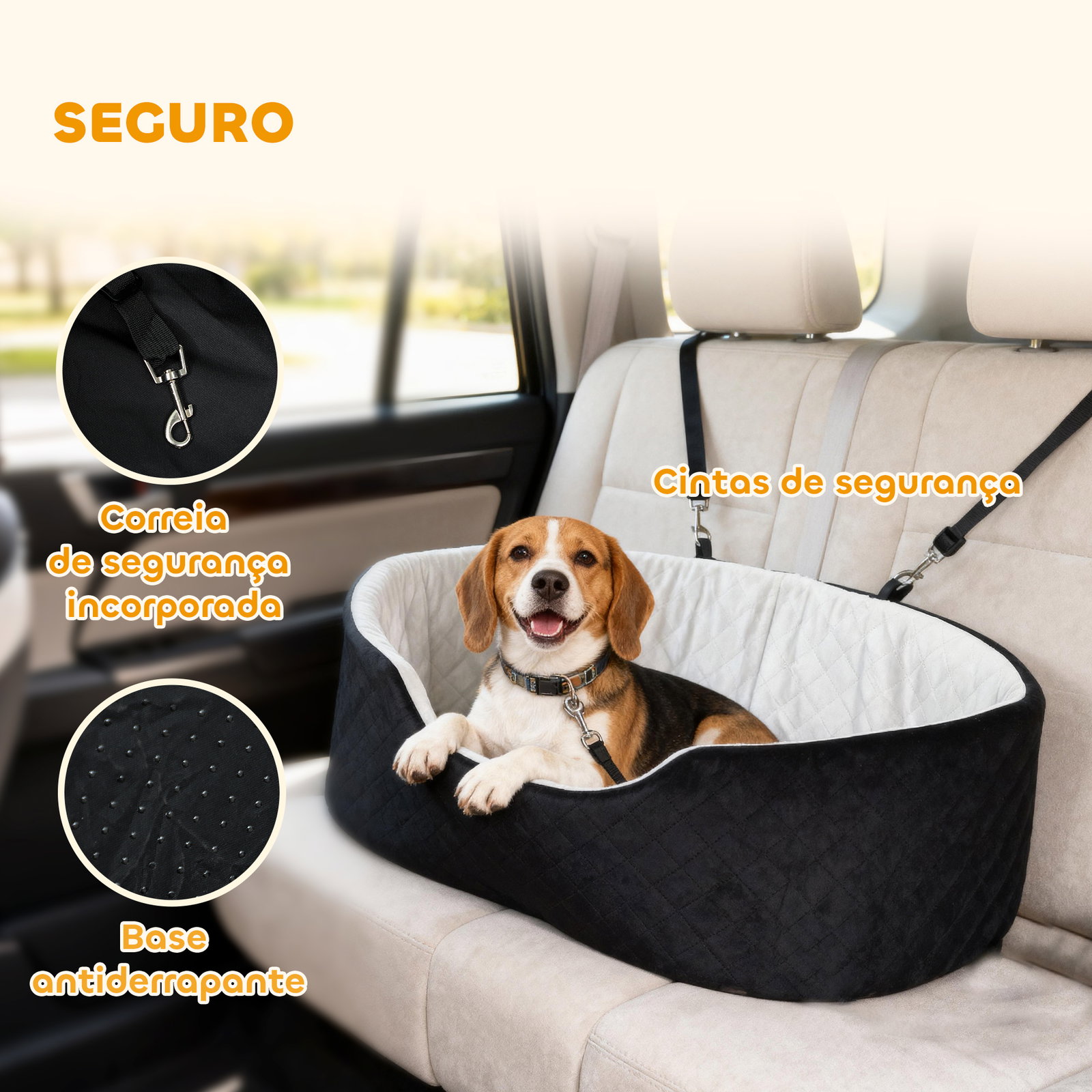 Assento de carro para cães pequenos e médios até 15 kg com capa removível e lavável cinto de segurança e base antiderrapante 77x43x28 cm preto