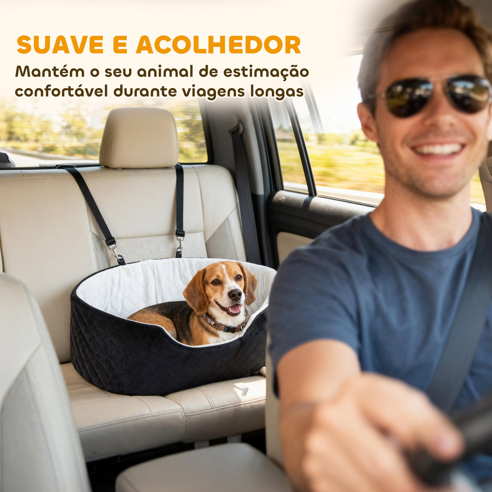 Assento de carro para cães pequenos e médios até 15 kg com capa removível e lavável cinto de segurança e base antiderrapante 77x43x28 cm preto
