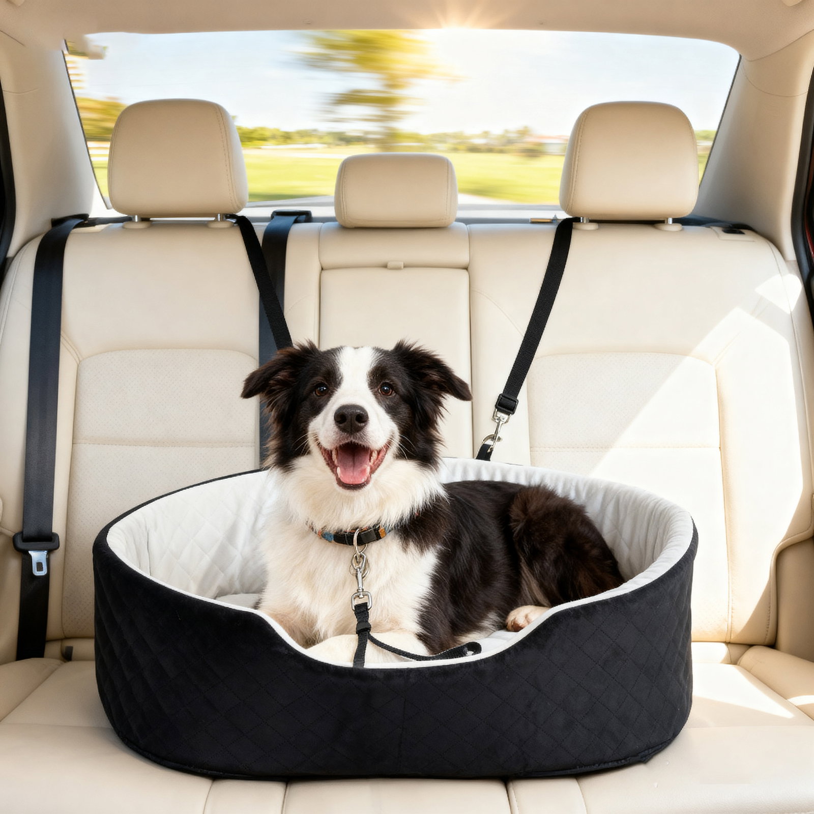 Assento de carro para cães pequenos e médios até 15 kg com capa removível e lavável cinto de segurança e base antiderrapante 77x43x28 cm preto