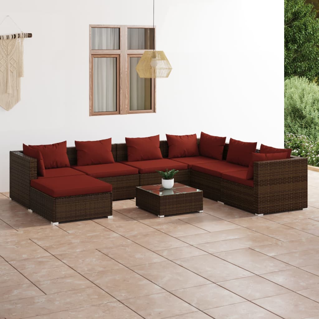 8 Pcs conjunto lounge jardim c/ almofadões vime PE castanho