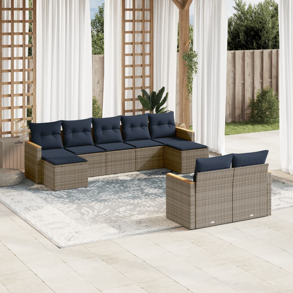 Conjunto de sofá de jardim de 9 peças com almofadas em rattan sintético cinza