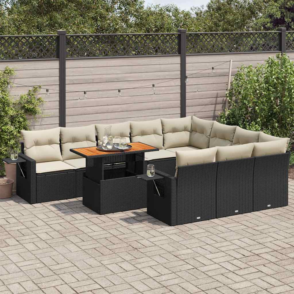 11 Pcs conjunto sofás de jardim c/ almofadões vime PE preto