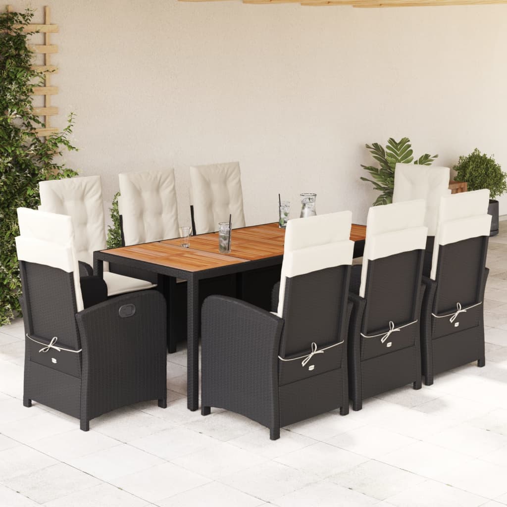 9 Pcs conjunto de jantar p/ jardim c/ almofadões vime PE preto