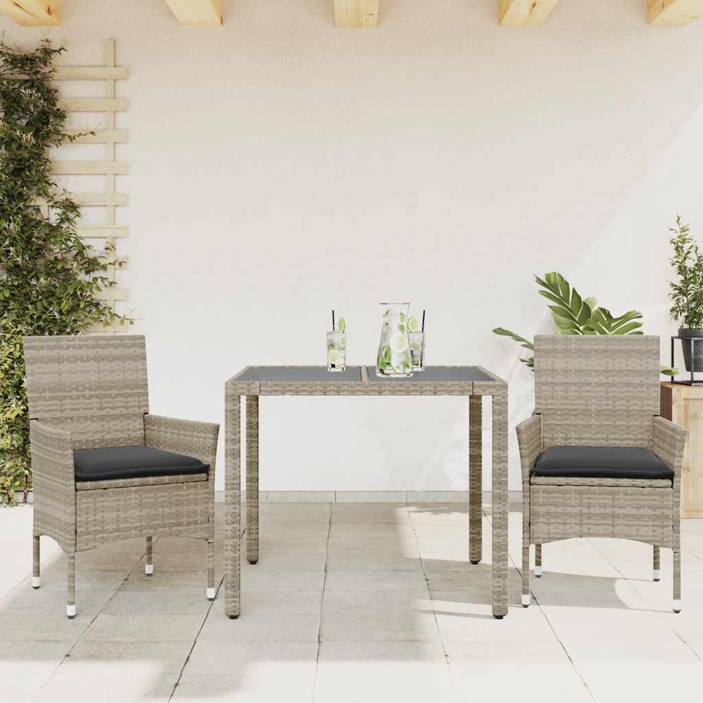 3 Pcs conjunto jantar jardim c/ almofadões PE/vidro cinza claro
