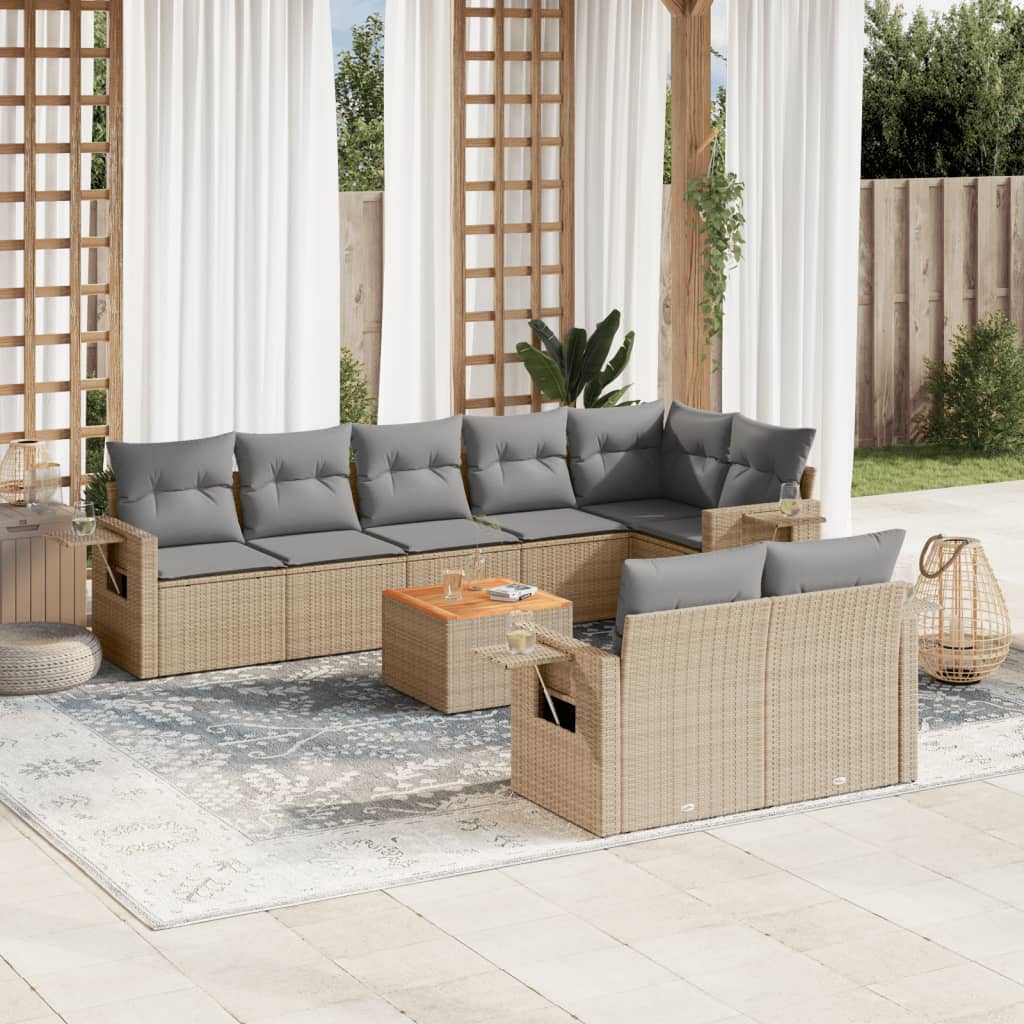 9 Pcs conjunto de sofás p/ jardim com almofadões vime PE bege