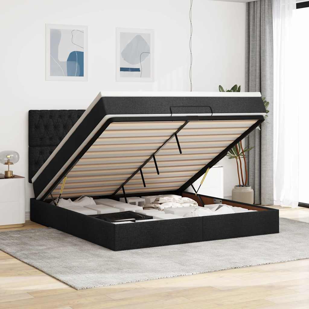 Estrutura de cama otomana com colchão 180x200 cm tecido preto
