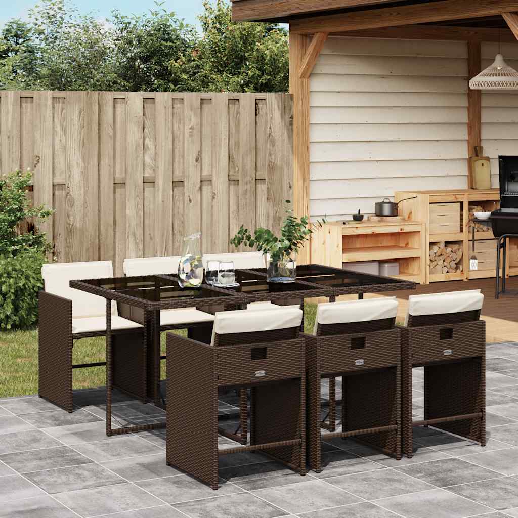 7 Pcs conjunto jantar p/ jardim c/ almofadões vime PE castanho