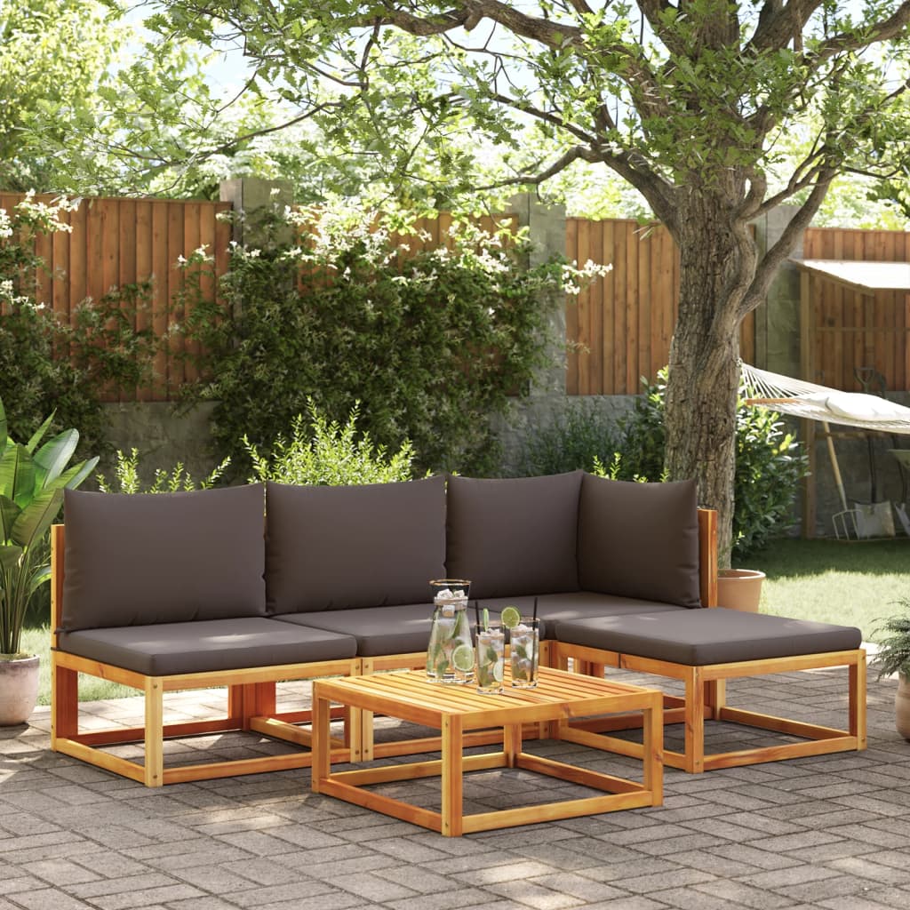 Conjunto de sofás de jardim de 5 peças com almofadas de madeira de acácia e corda