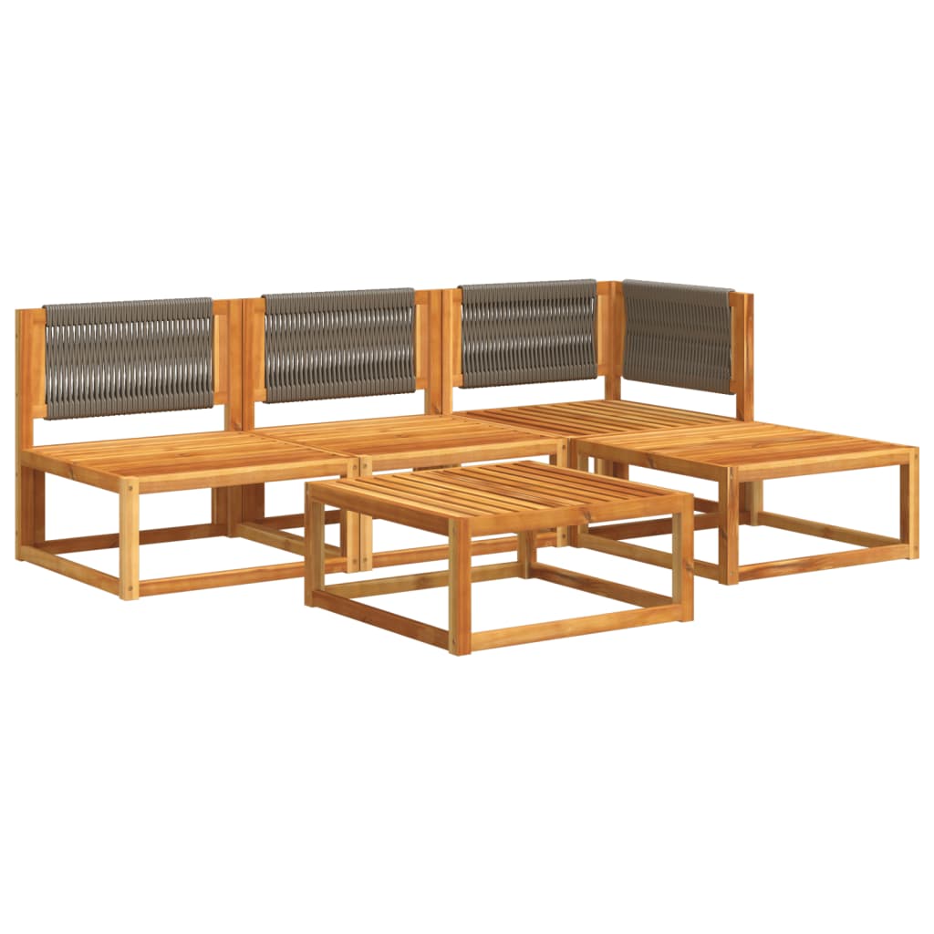 Conjunto de sofás de jardim de 5 peças com almofadas de madeira de acácia e corda