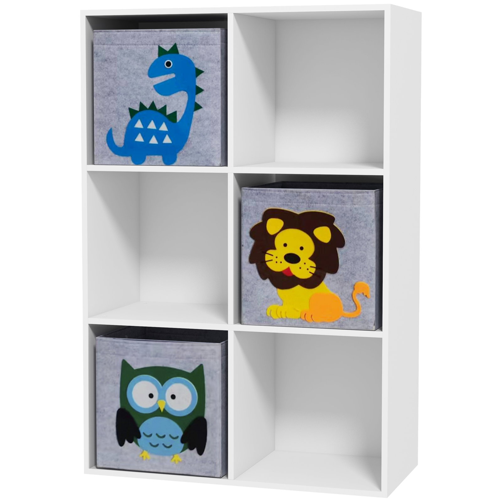 Estante para brinquedos com 6 compartimentos e 3 caixas de tecido não tecido e desenho de animais 61,8x29,9x91,5 cm branco e cinza