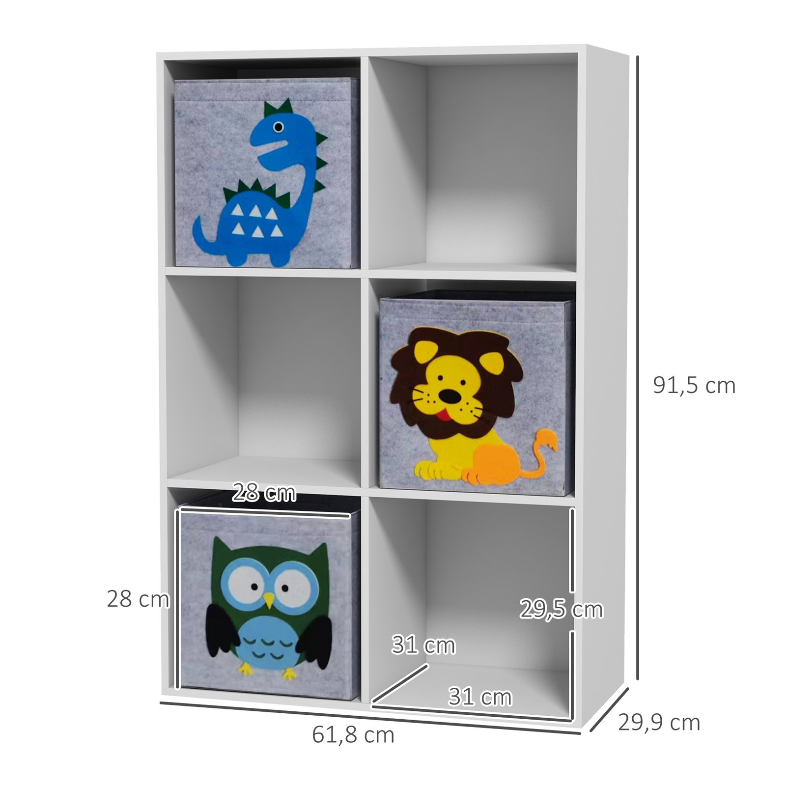 Estante para brinquedos com 6 compartimentos e 3 caixas de tecido não tecido e desenho de animais 61,8x29,9x91,5 cm branco e cinza