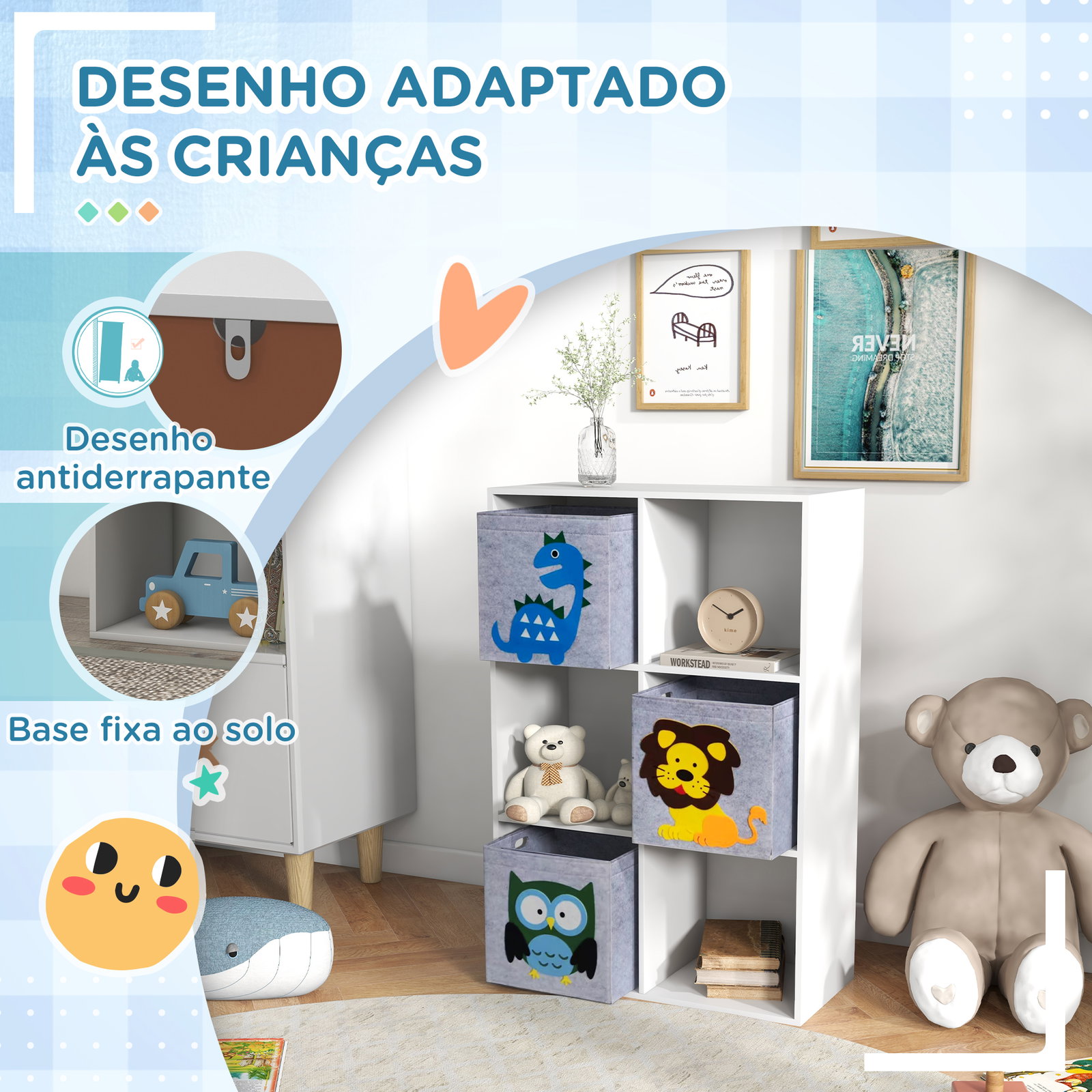 Estante para brinquedos com 6 compartimentos e 3 caixas de tecido não tecido e desenho de animais 61,8x29,9x91,5 cm branco e cinza