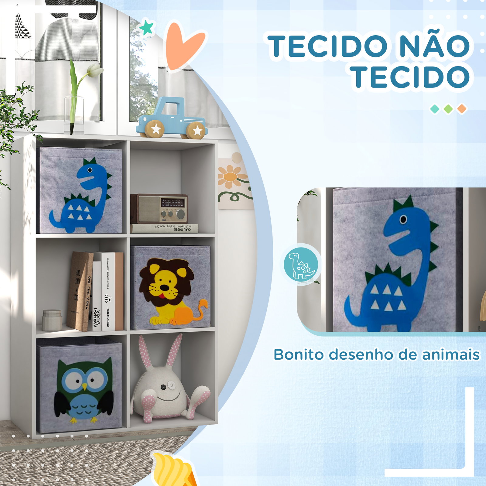 Estante para brinquedos com 6 compartimentos e 3 caixas de tecido não tecido e desenho de animais 61,8x29,9x91,5 cm branco e cinza