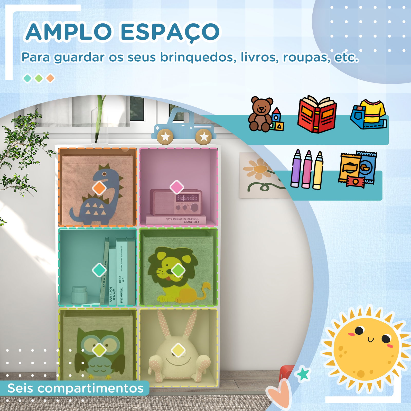 Estante para brinquedos com 6 compartimentos e 3 caixas de tecido não tecido e desenho de animais 61,8x29,9x91,5 cm branco e cinza