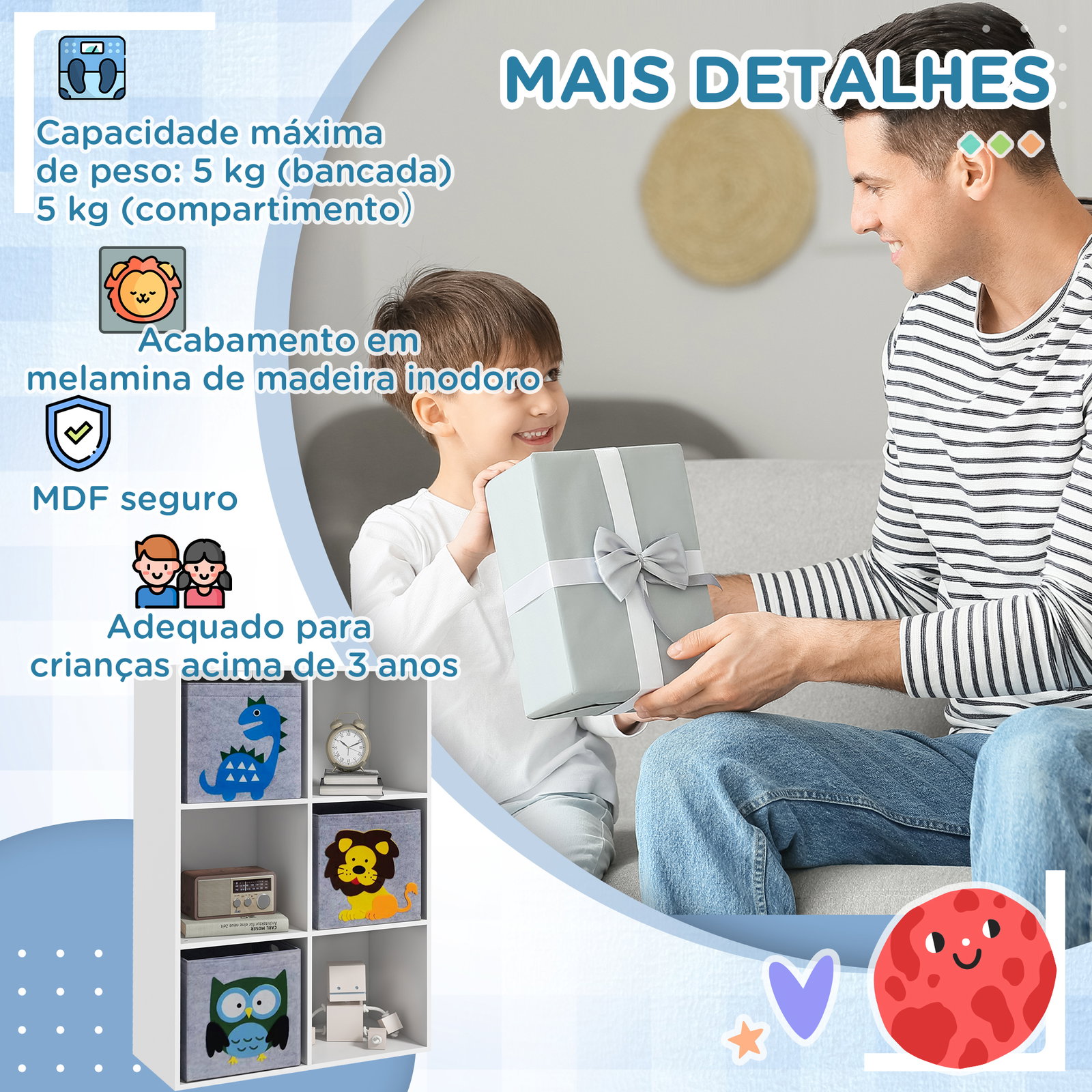 Estante para brinquedos com 6 compartimentos e 3 caixas de tecido não tecido e desenho de animais 61,8x29,9x91,5 cm branco e cinza