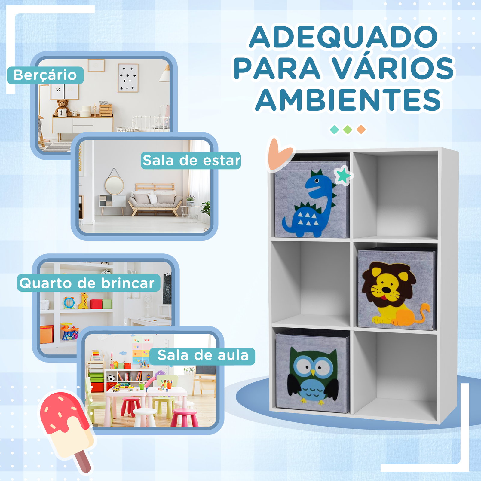 Estante para brinquedos com 6 compartimentos e 3 caixas de tecido não tecido e desenho de animais 61,8x29,9x91,5 cm branco e cinza