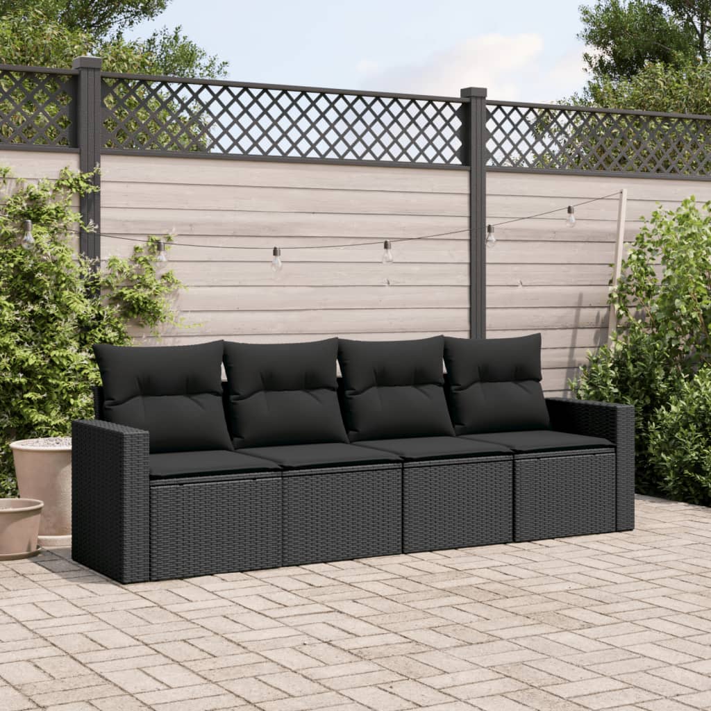 4 Pcs conjunto de sofás para jardim c/ almofadões vime PE preto