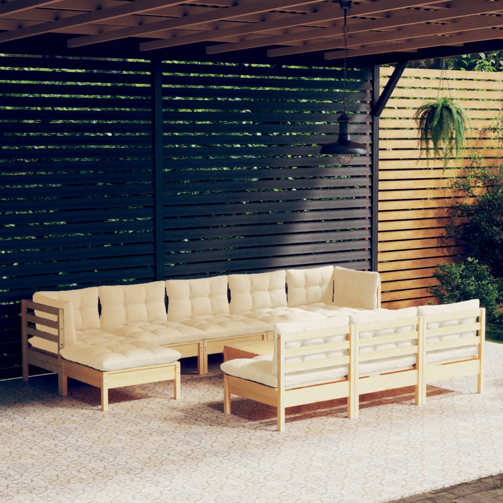 11 Pcs conjunto lounge de jardim c/ almofadões cor creme pinho
