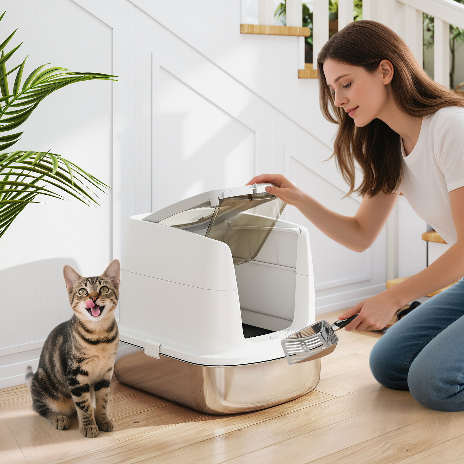 Caixa de areia para gatos em aço inoxidável l com tampa rebatível pá metálica saco desodorizante fácil de limpar branco