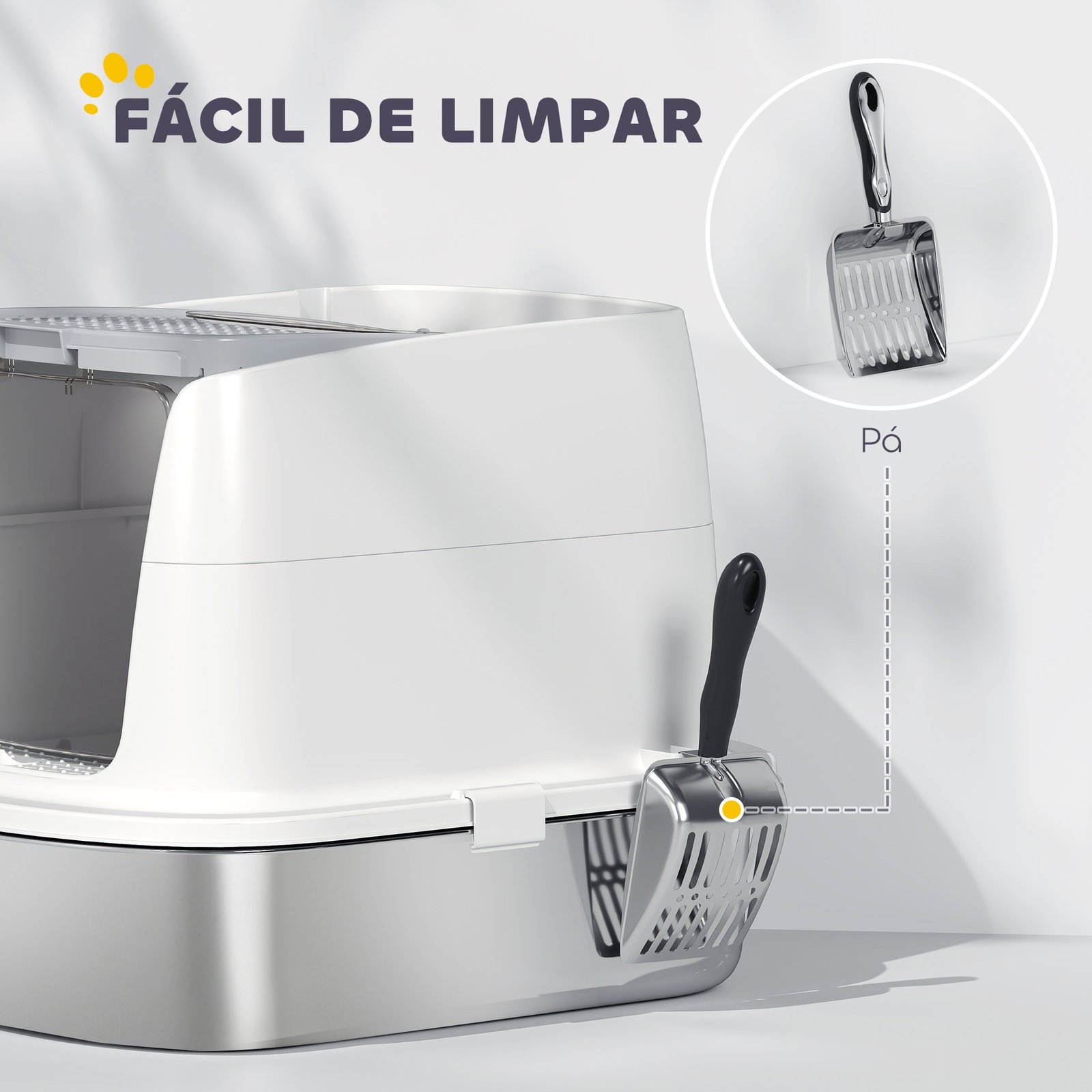 Caixa de areia para gatos em aço inoxidável l com tampa rebatível pá metálica saco desodorizante fácil de limpar branco