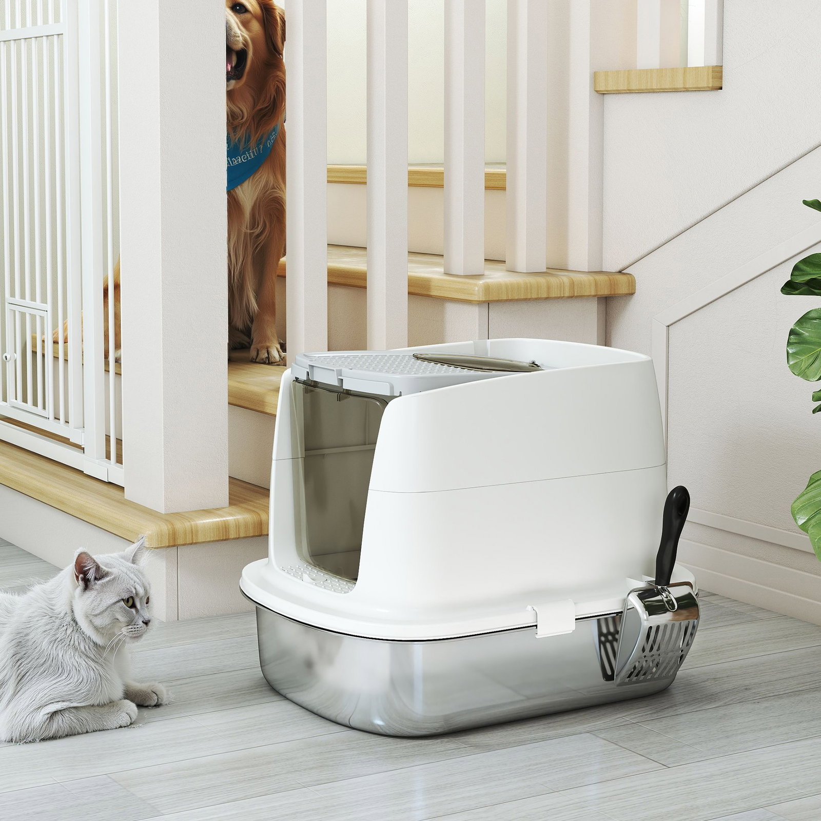 Caixa de areia para gatos em aço inoxidável l com tampa rebatível pá metálica saco desodorizante fácil de limpar branco