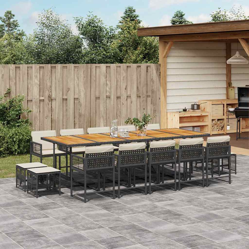 15 Pcs conjunto de jantar p/jardim com almofadões vime PE preto
