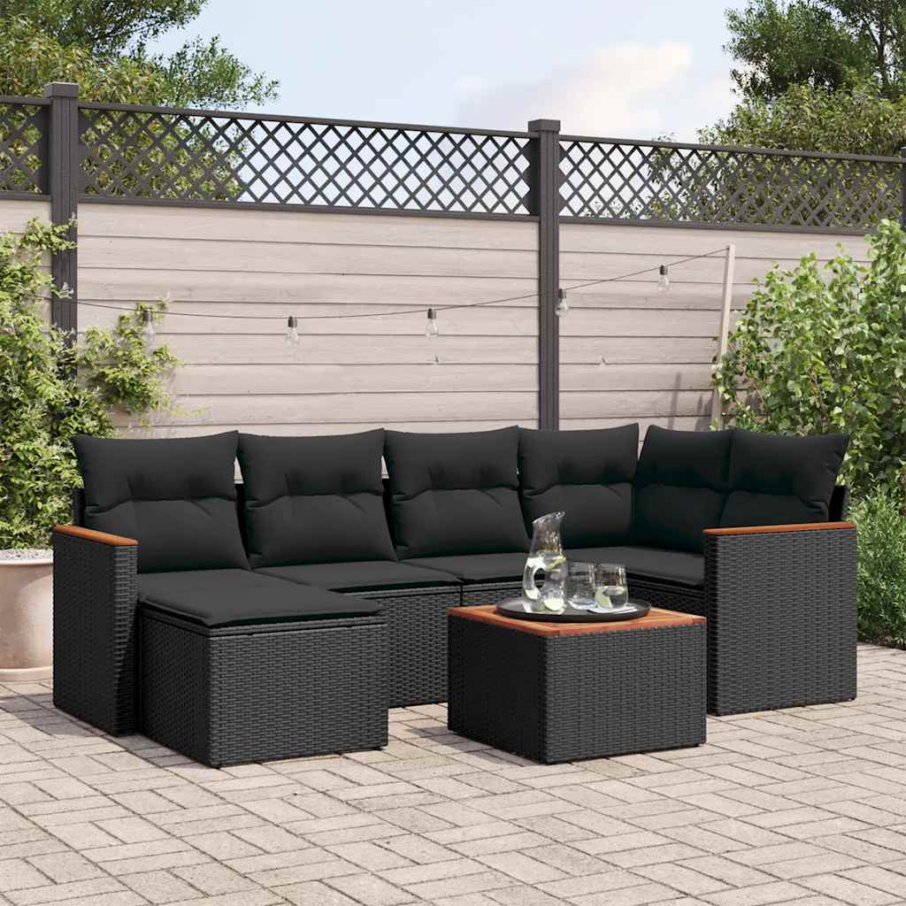 7 Pcs conjunto de sofás p/ jardim c/ almofadões vime PE preto