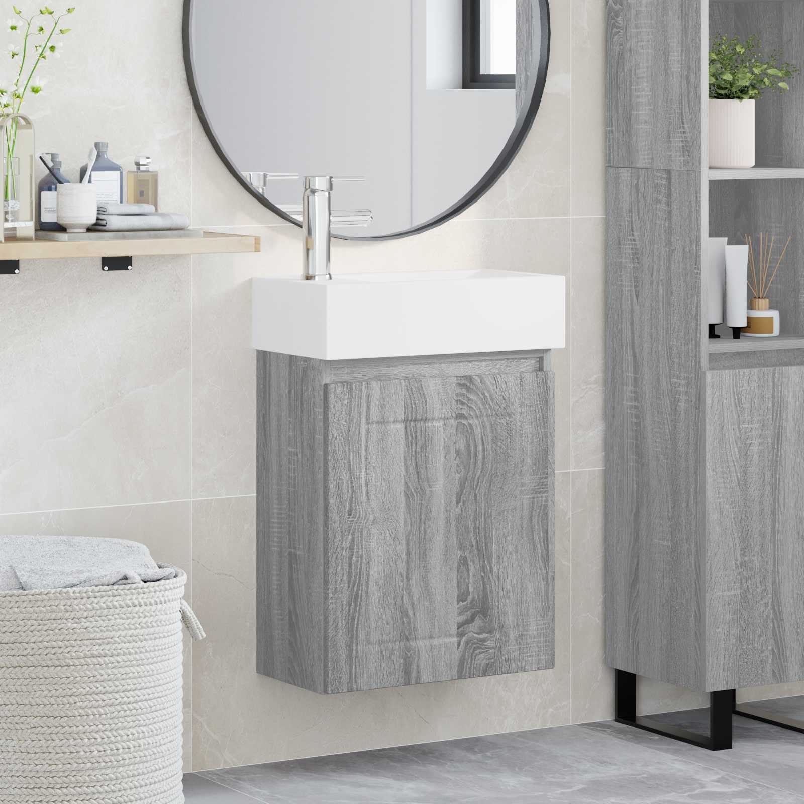 Conjunto de móveis de banheiro com torneira sonoma cinzento