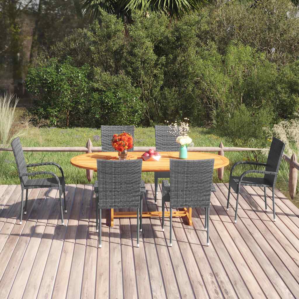 7 Pcs conjunto de jantar para jardim vime PE cinzento