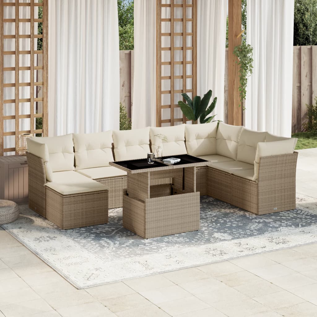 9 Pcs conjunto de sofás p/ jardim com almofadões vime PE bege