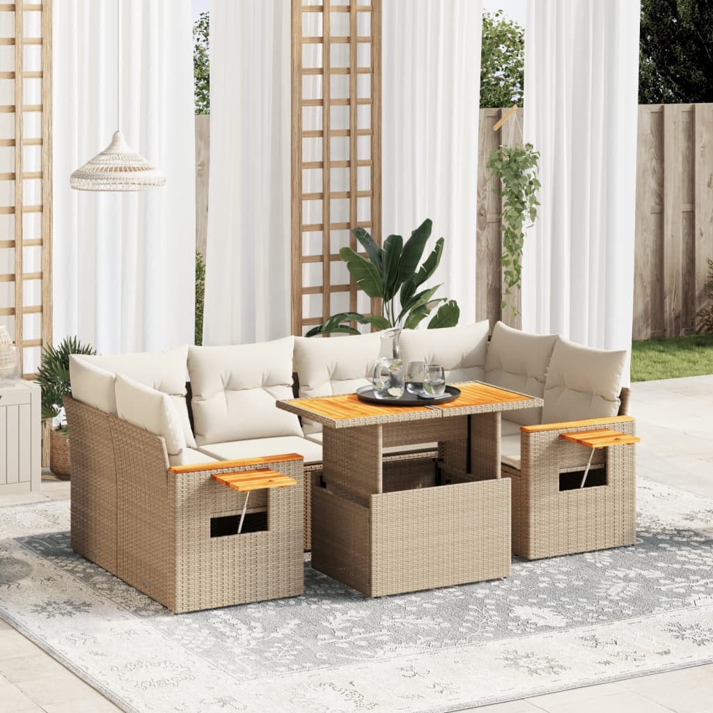 7 Pcs conjunto de sofás p/ jardim com almofadões vime PE bege