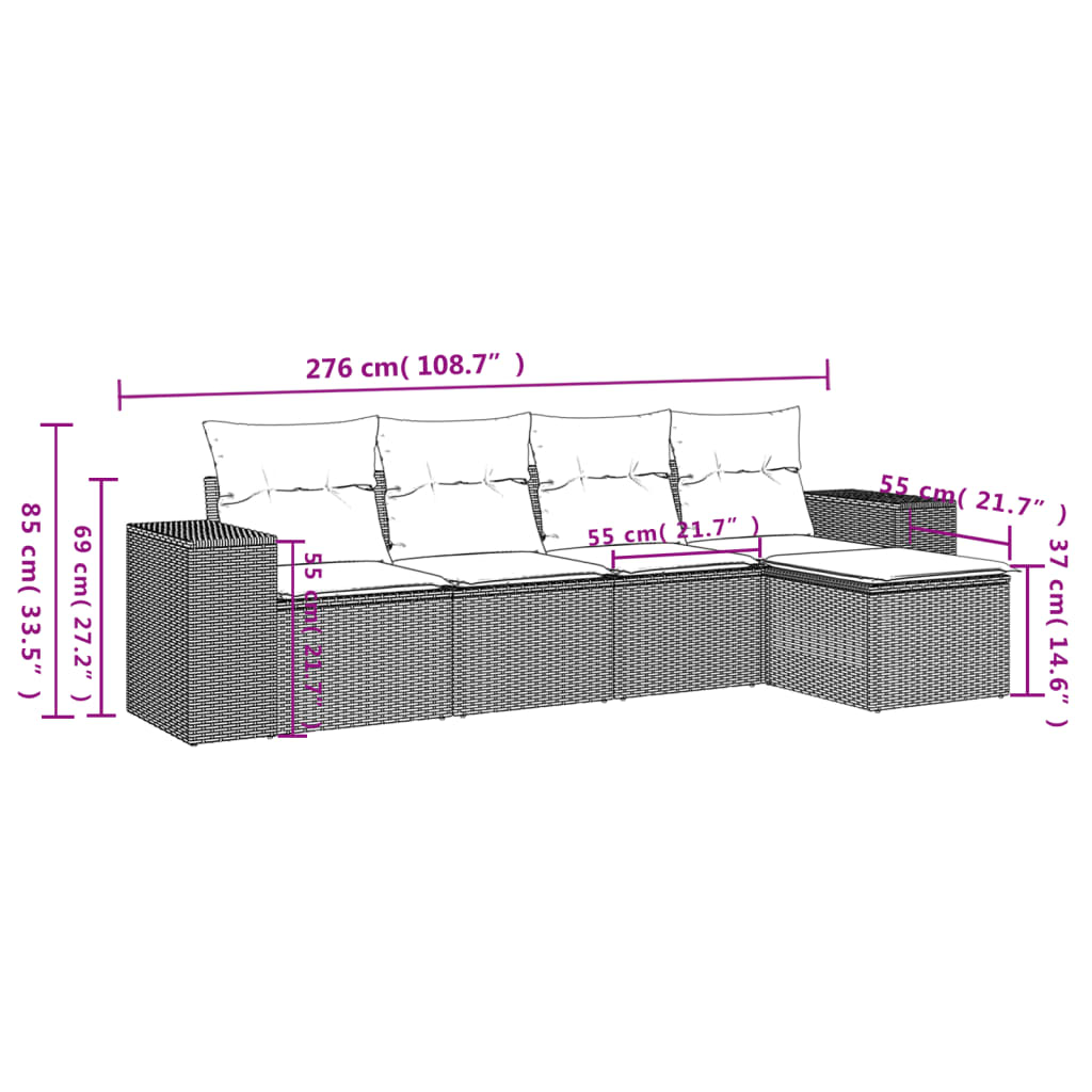 5 Pcs conjunto sofás de jardim com almofadões vime PE preto