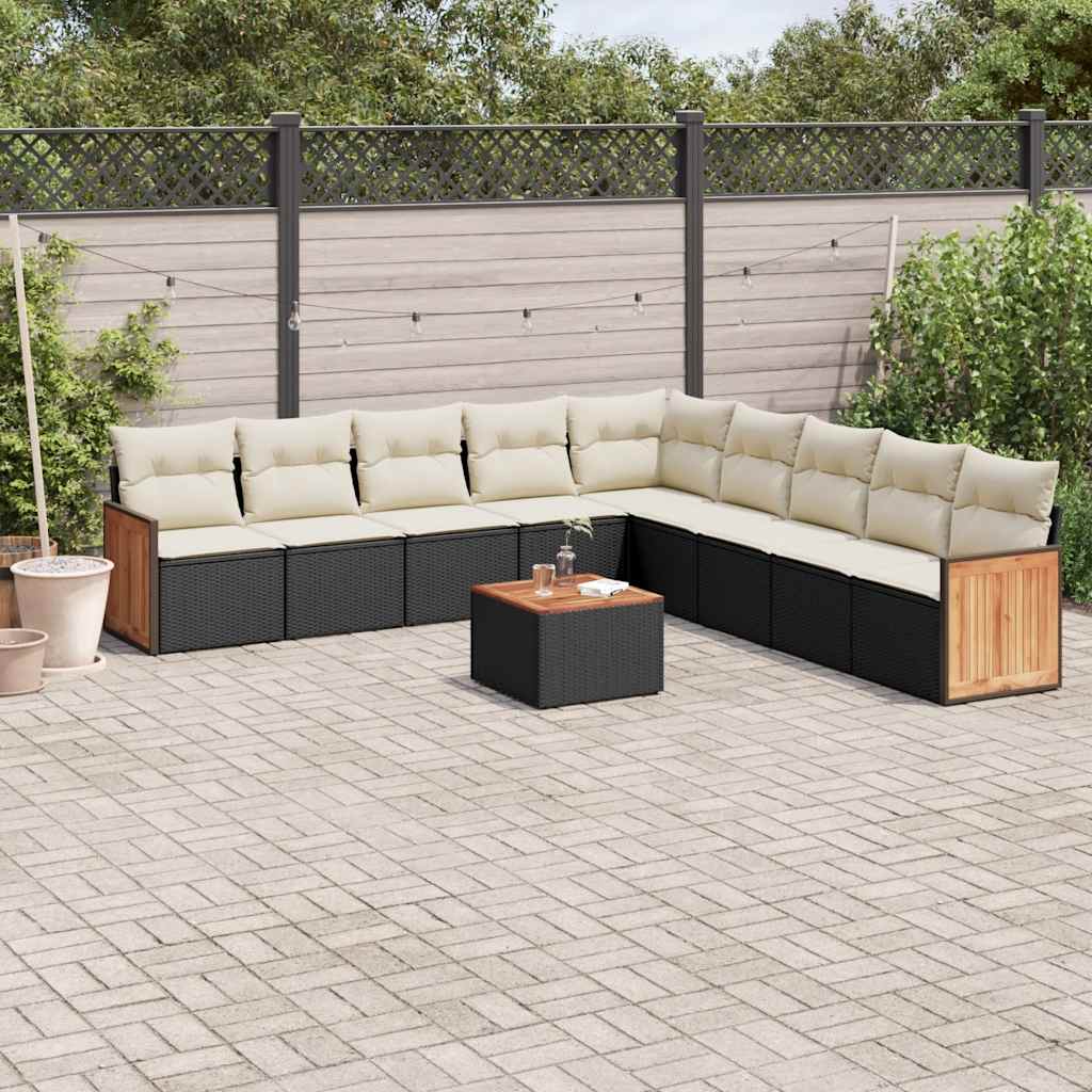 10 Pcs conjunto sofás de jardim c/ almofadões vime PE preto
