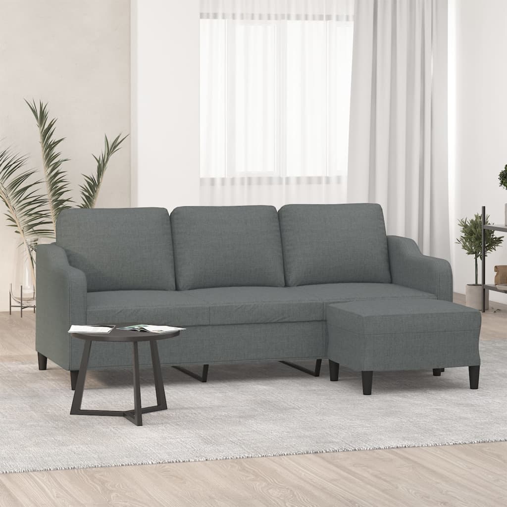 Sofá de 3 lugares com apoio de pés 180 cm tecido cinza-escuro