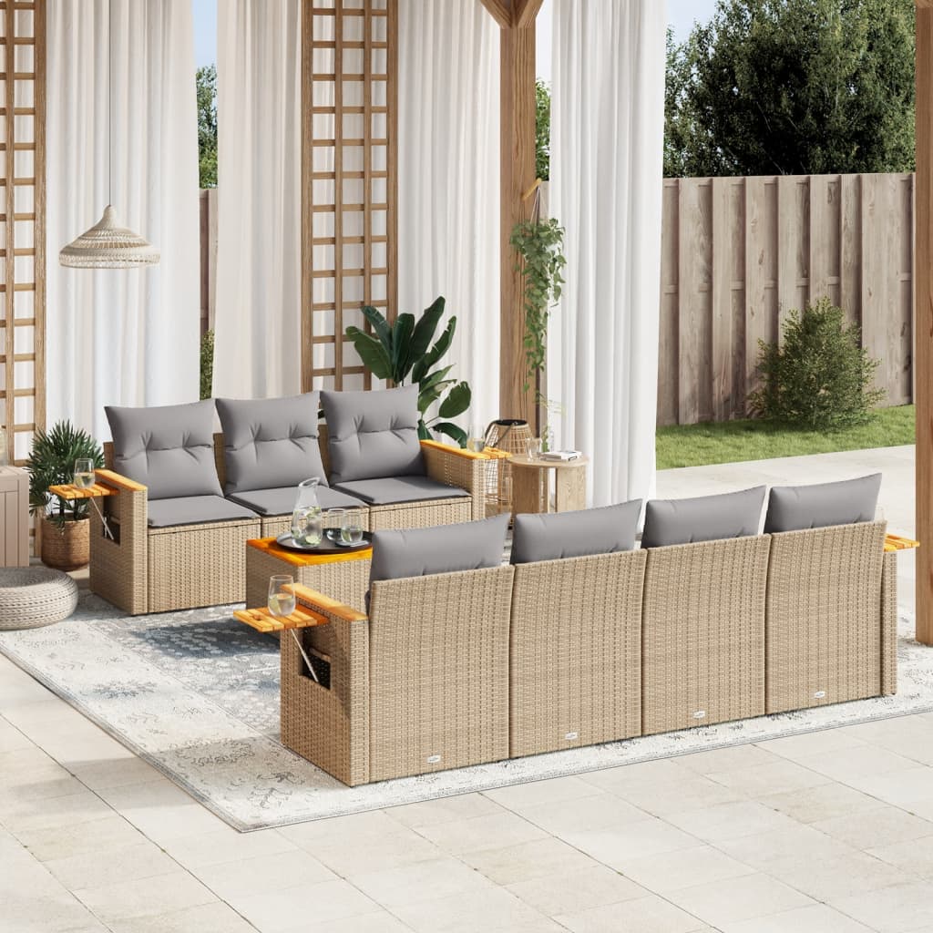 8 Pcs conjunto de sofás p/ jardim com almofadões vime PE bege