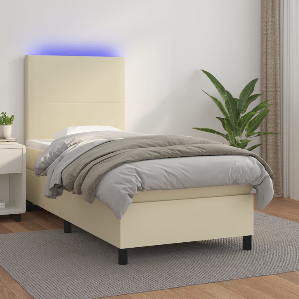 Cama box spring c/ colchão/LED 100x200cm couro artificial creme