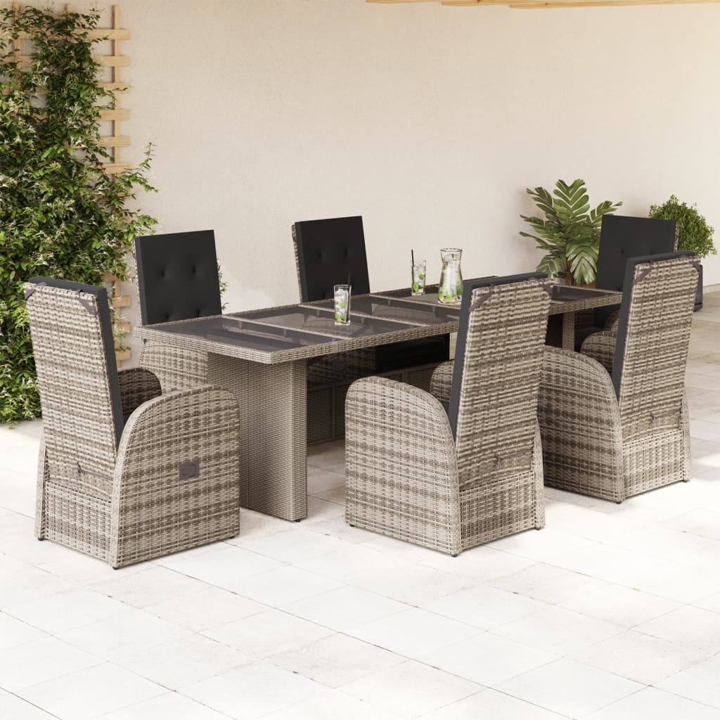 7 Pcs conjunto de jantar p/ jardim c/ almofadões vime PE cinza