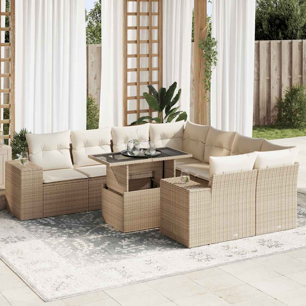 9 Pcs conjunto de sofás p/ jardim com almofadões vime PE bege