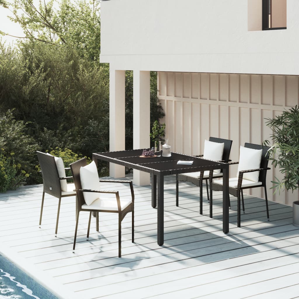 5 Pcs conjunto de jantar p/ jardim c/ almofadões vime PE preto