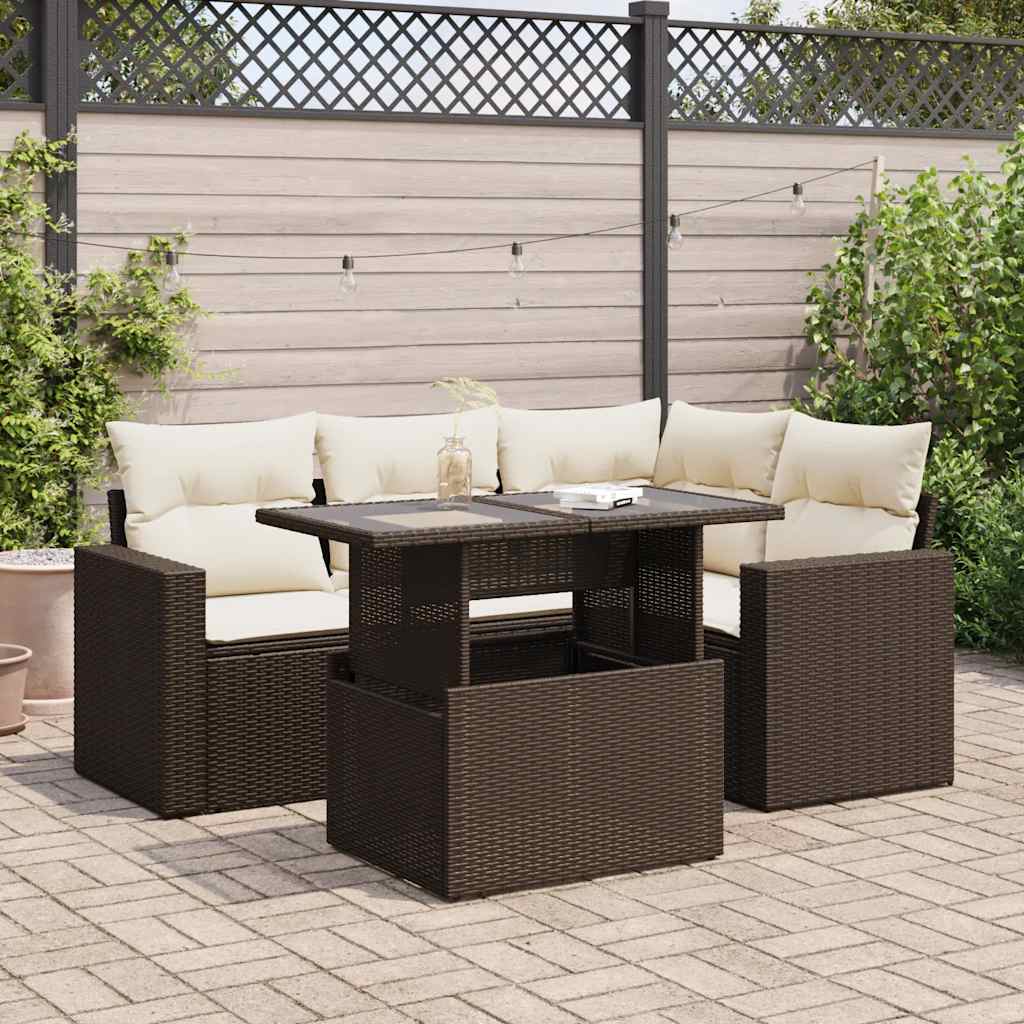 5 Pcs conjunto sofás p/ jardim c/ almofadões vime PE castanho