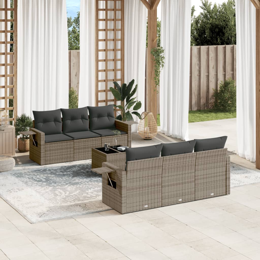7 Pcs conjunto sofás p/ jardim c/ almofadões vime PE cinzento