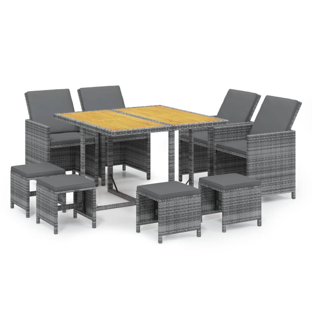 9 Pcs conjunto jantar p/ jardim c/ almofadões vime PE cinzento