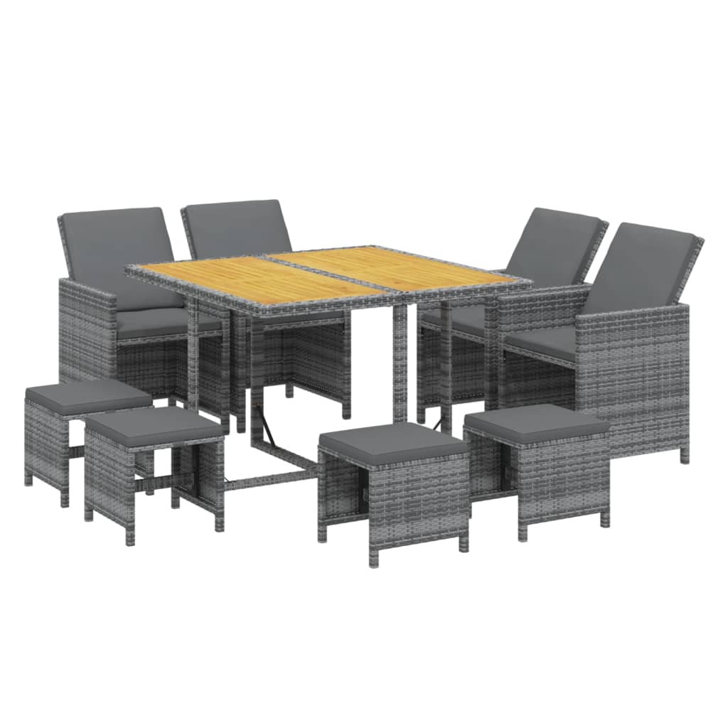 9 Pcs conjunto jantar p/ jardim c/ almofadões vime PE cinzento