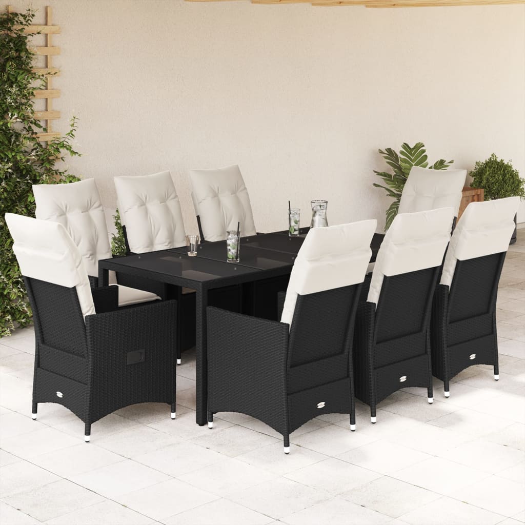 9 Pcs conjunto de jantar p/ jardim c/ almofadões vime PE preto