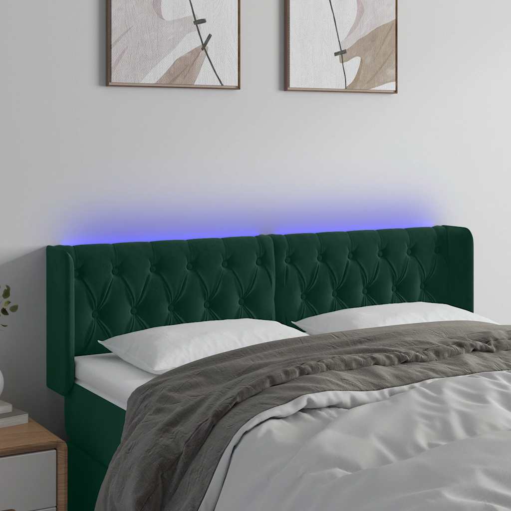 Cabeceira cama c/ luzes LED veludo 163x16x78/88 cm verde-escuro