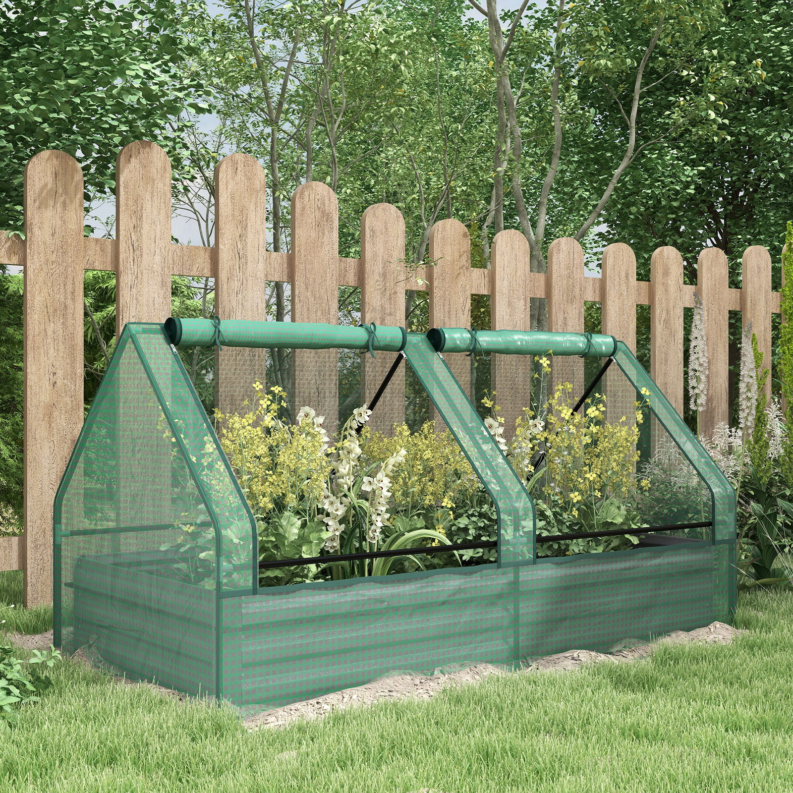 Floreira exterior grande com mini estufa com base aberta para jardim terraço varanda 185x95x92 cm cinzento e verde