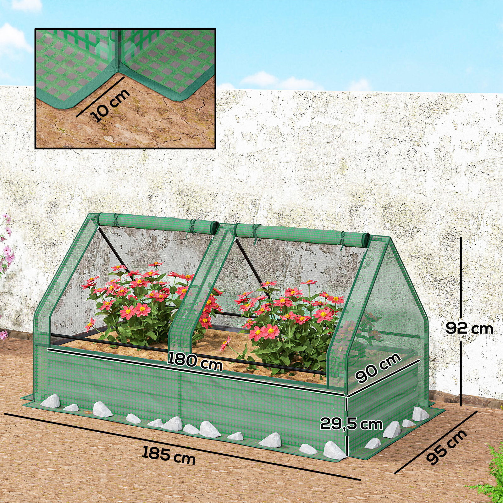 Floreira exterior grande com mini estufa com base aberta para jardim terraço varanda 185x95x92 cm cinzento e verde