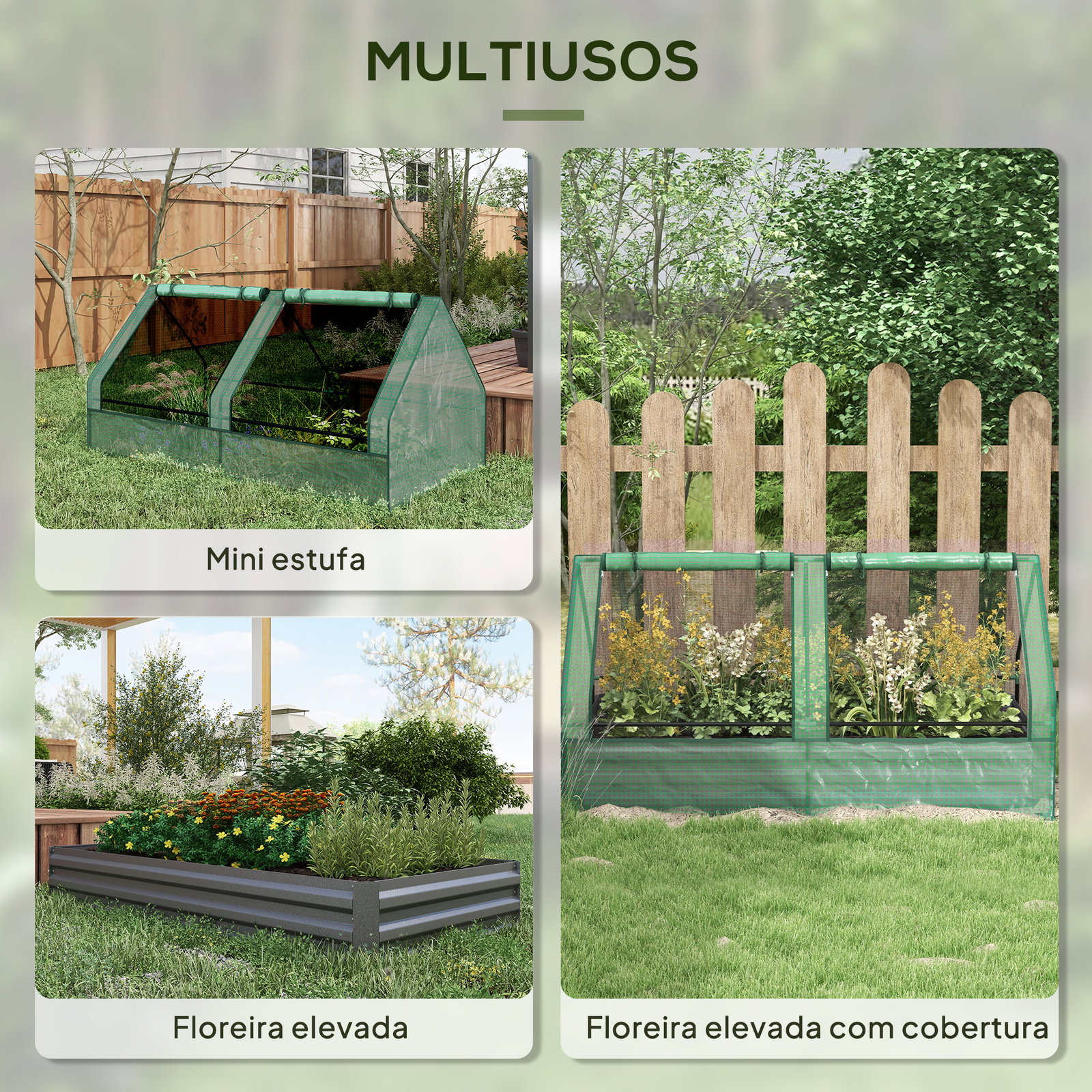 Floreira exterior grande com mini estufa com base aberta para jardim terraço varanda 185x95x92 cm cinzento e verde